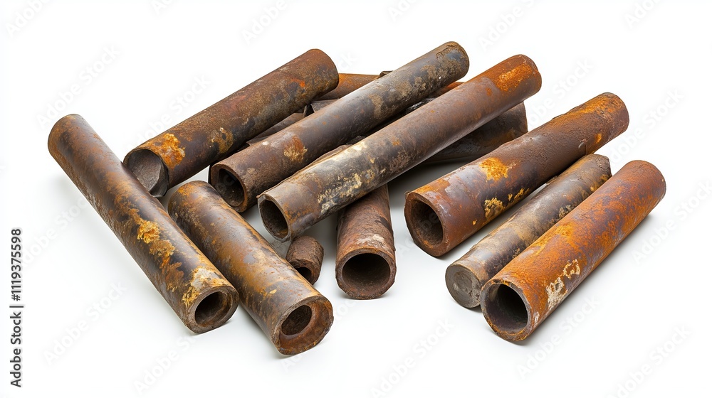 Very old rusty pieces of drainage pipes on a white background, isolated Very old rusty pieces of drainage pipes on a white background, isolated