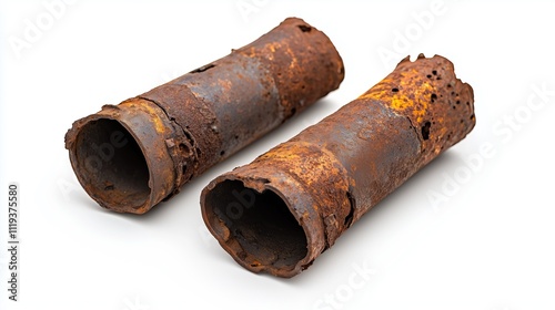 Very old rusty pieces of drainage pipes on a white background, isolated
