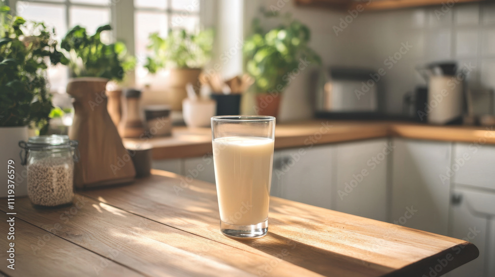 fresh modern aesthetic with glass of milk on wooden table, surrounded by greenery in cozy kitchen. sunlight enhances inviting atmosphere fresh modern aesthetic with glass of milk on wooden table, surrounded by greenery in cozy kitchen. sunlight enhances inviting atmosphere
