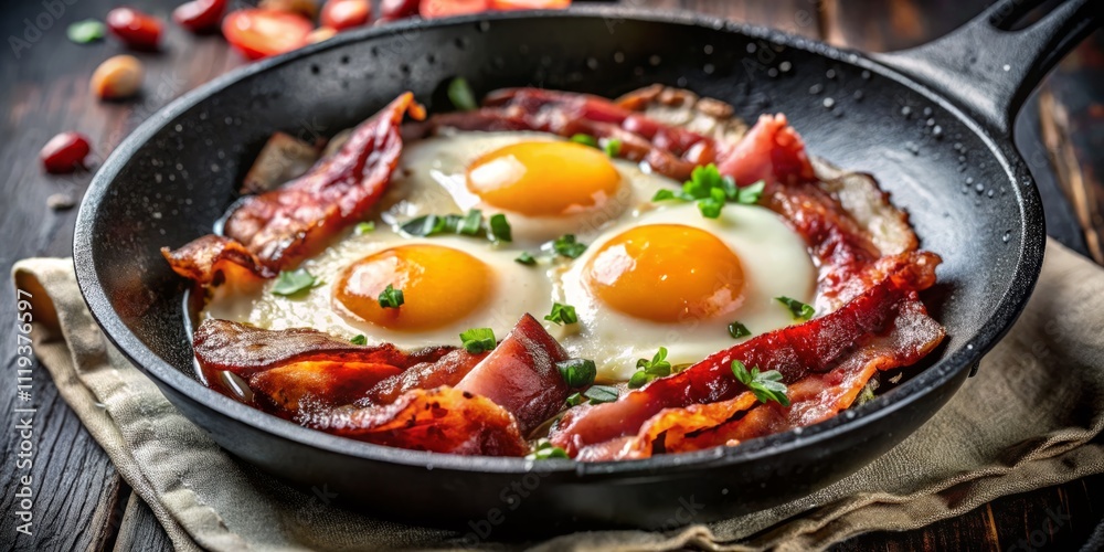 Sizzling Bacon and Eggs in a Black Skillet - Close-Up Food Photography for Menu Concepts and HD Wallpaper Sizzling Bacon and Eggs in a Black Skillet - Close-Up Food Photography for Menu Concepts and HD Wallpaper