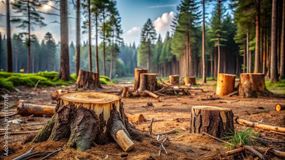 Tree Stumps and Broken Branches at a Lumberyard in a Forest Highlighting Deforestation Impact on Nature in a Vertical Format with Copy Space for Environmental Awareness Messaging Tree Stumps and Broken Branches at a Lumberyard in a Forest Highlighting Deforestation Impact on Nature in a Vertical Format with Copy Space for Environmental Awareness Messaging