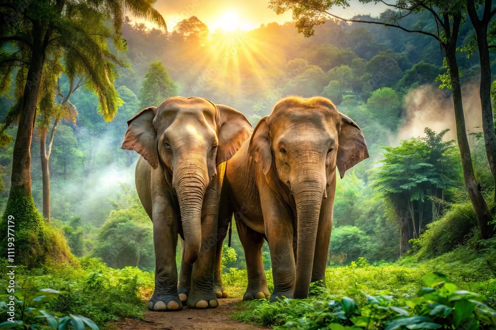 Fototapeta premium Two Majestic Asian Elephants Together in a Lush Forest Enclosure, Highlighting the Importance of Wildlife Conservation and Raising Awareness for Biodiversity Preservation Efforts