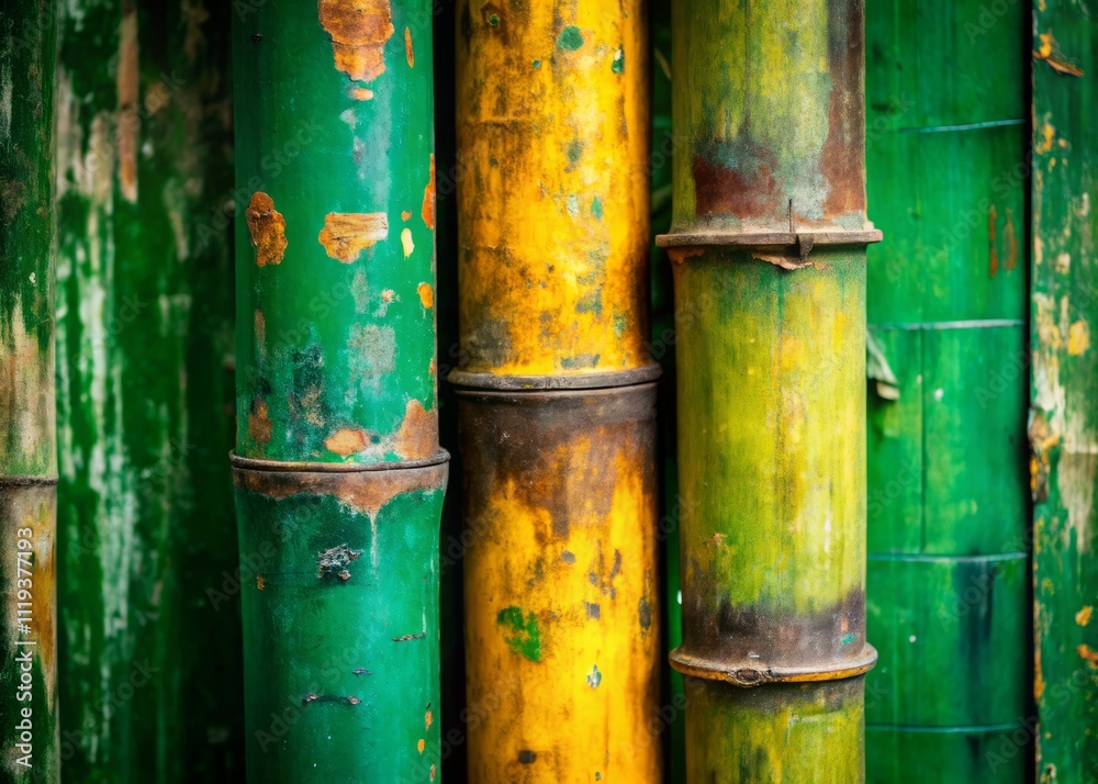 Two Weathered Bamboo Poles in Vibrant Green and Yellow Hues with Peeling Paint, Showcasing Character and Rustic Touch in a Lush Natural Setting Two Weathered Bamboo Poles in Vibrant Green and Yellow Hues with Peeling Paint, Showcasing Character and Rustic Touch in a Lush Natural Setting