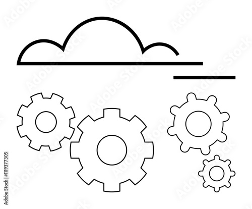 Simplified gear and cloud icons. Ideal for cloud computing, data integration, technical processes, system optimization, IT infrastructure, modern technology, collaborative tools. Line metaphor