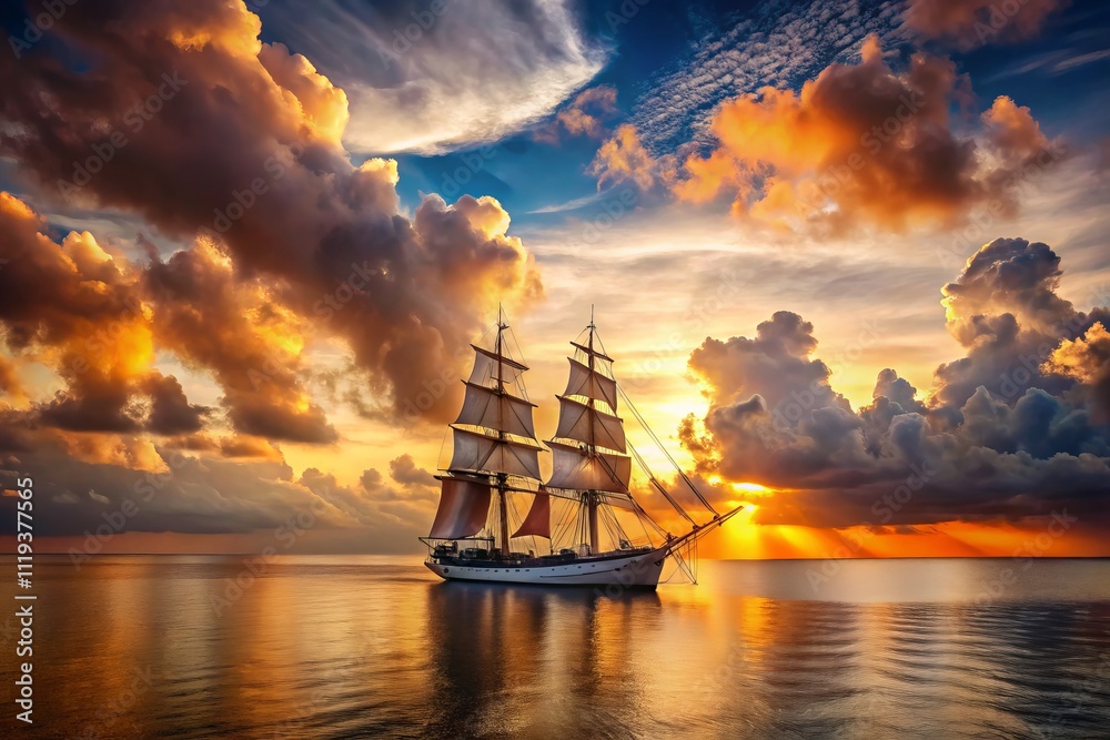 Obraz premium Vintage Sunset Landscape with a Sailing Ship on the Sea, Capturing the Tranquil Beauty of Nature's Horizon in Warm Tones, Perfect for Nautical and Travel Themes