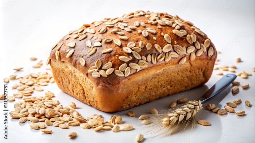 Whole Oat Bread with Oat Flakes on White Background - A Visual Delight of Healthy Baking, Perfect for Food Blogs, Recipes, and Nutritional Content in Culinary Photography Whole Oat Bread with Oat Flakes on White Background - A Visual Delight of Healthy Baking, Perfect for Food Blogs, Recipes, and Nutritional Content in Culinary Photography