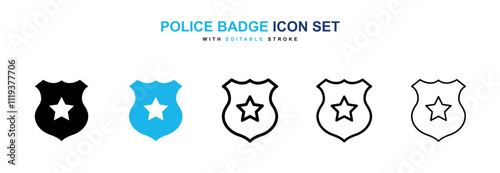 Police badge icon collection in black and blue colors