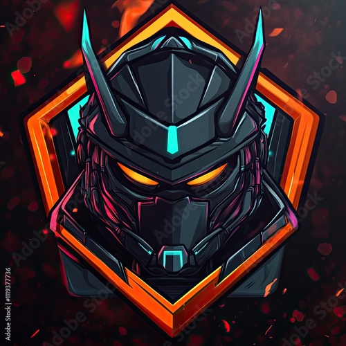 Cybernetic Samurai Warrior: Digital Art of a Futuristic Ronin in a Hexagonal Frame photo