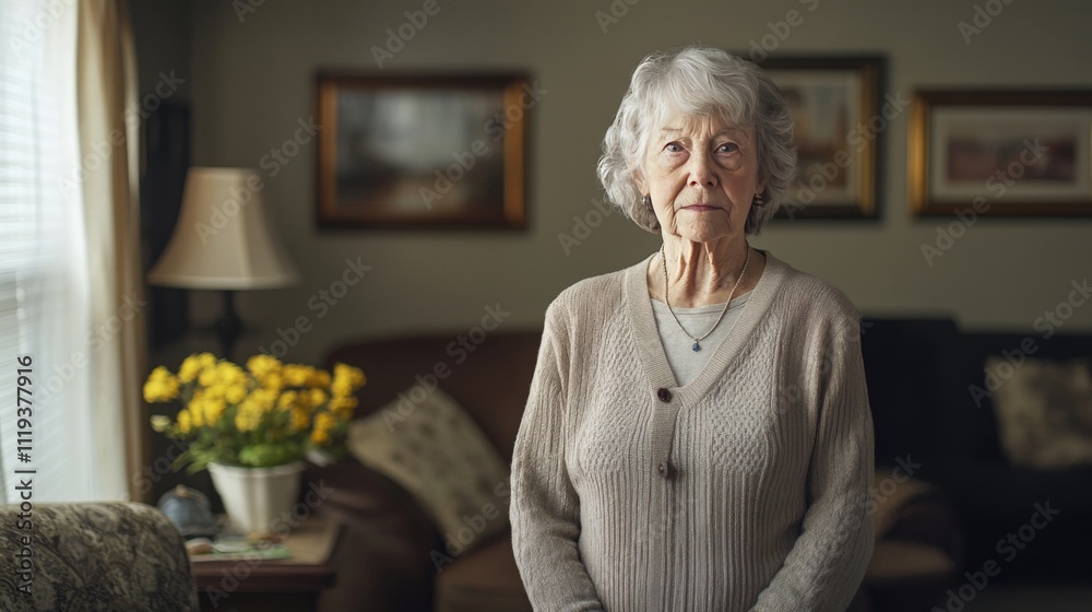 Portrait of smiling senior woman standing in the living room at home Portrait of smiling senior woman standing in the living room at home