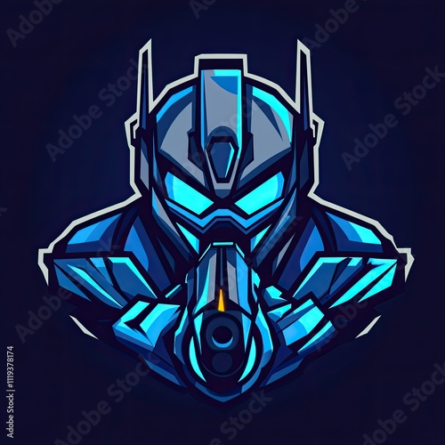 Cybernetic Soldier Aiming Weapon: Futuristic Gaming Mascot Design photo