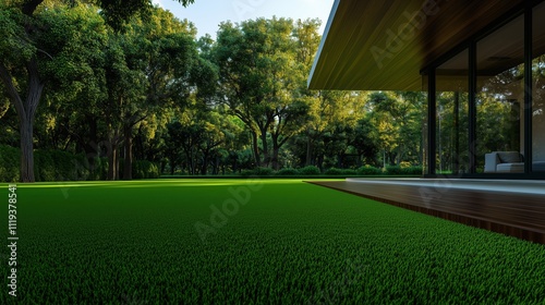 Green lawn with wooden deck and tree shadows. Modern house design concept photo