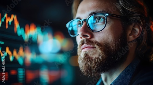 A man with glasses is looking at a computer screen with a lot of numbers