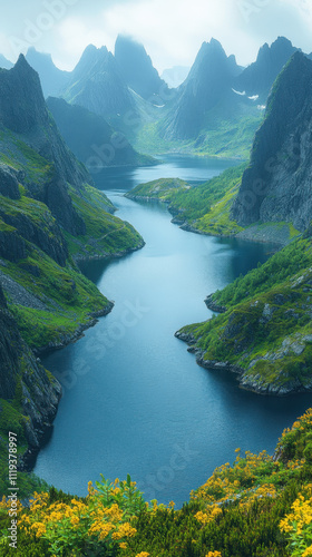 Breathtaking summer mountains in Lofoten, Norway, with lush greenery and serene river. stunning landscape evokes sense of tranquility and adventure