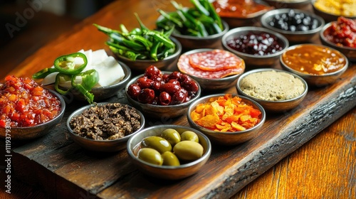 A charcuterie board with Green Olives, Black Truffles, Crisps, Jams and Jellies, Jalapenos, Harissa, and Balsamic Vinegar photo