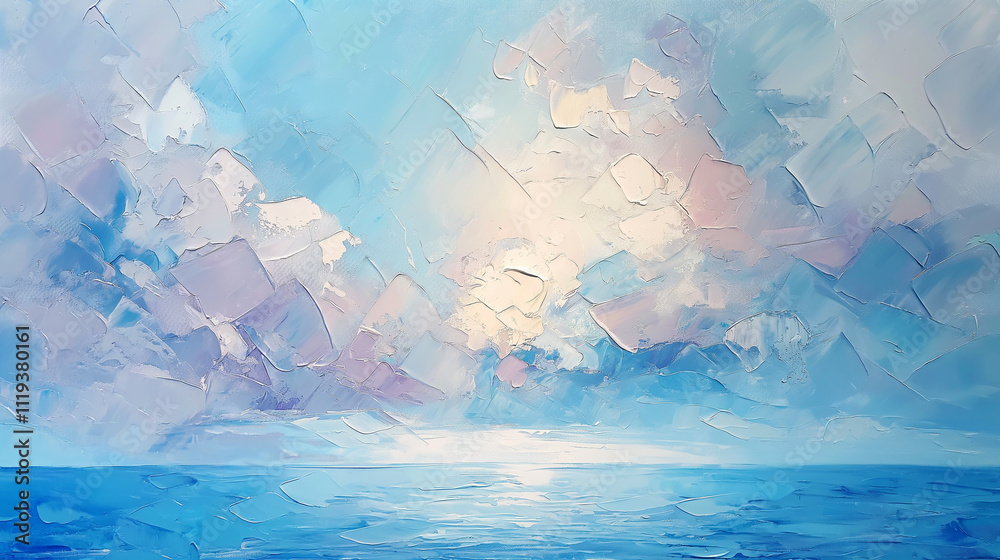 Abstract oil painting of a light pastel sky with white clouds, soft light and colors of light grey, blue, white, pale yellow, beige, lavender, mint green, pale pink, baby blue and purple. The edges ar Abstract oil painting of a light pastel sky with white clouds, soft light and colors of light grey, blue, white, pale yellow, beige, lavender, mint green, pale pink, baby blue and purple. The edges ar