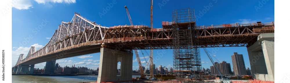 A construction site of a large bridge with scaffolding against a clear blue sky. A construction site of a large bridge with scaffolding against a clear blue sky.