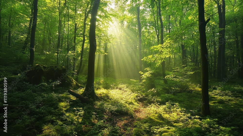 Sunbeams Illuminating a Lush Green Forest