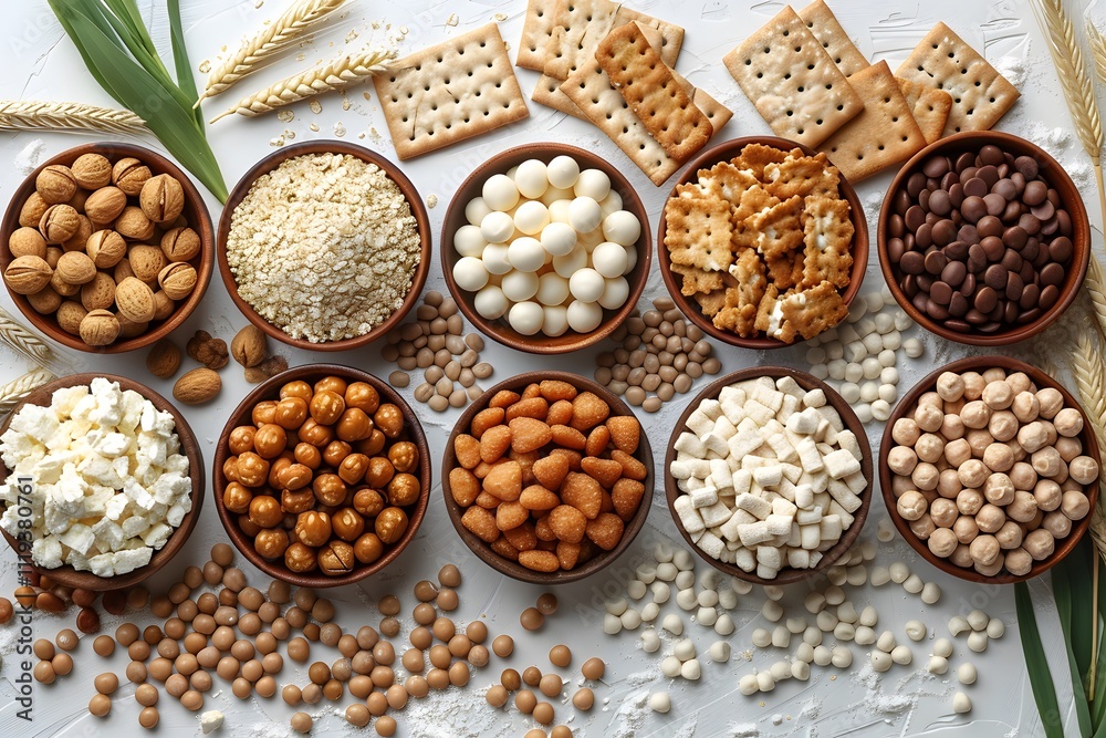 Variety of Snacks and Grains on a Textured Surface for Food Photography and Design Variety of Snacks and Grains on a Textured Surface for Food Photography and Design