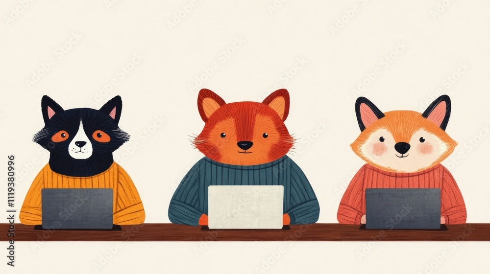 Fototapeta premium Cartoon Animated Animals Working at Laptops in Modern Coworking Office Space Environment of Cute Raccoon Fox Characters Collaborating and Using Digital Devices in Innovative Workspace
