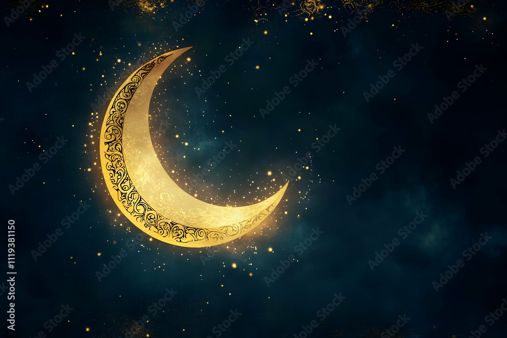 Naklejka premium A golden crescent moon against a dark, starry background, evoking a mystical atmosphere.