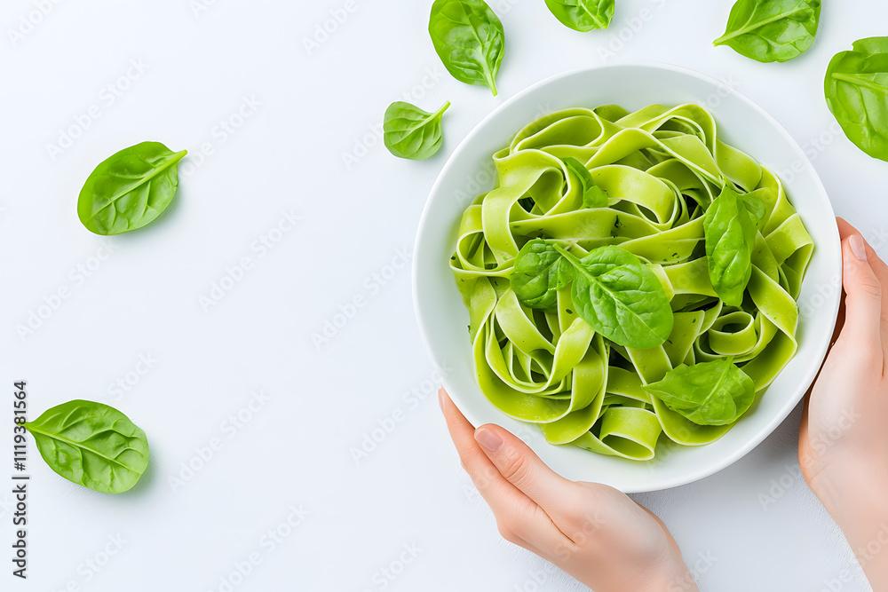 Obraz premium Top view tagliatelle green pasta with basil leaves on white plate with spinach isolated on white background