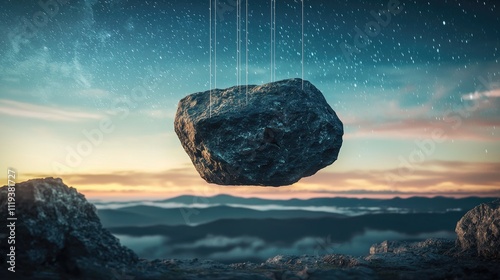 A heavy, dark stone suspended in space with strings, above a serene landscape, representing the burden of silence or unspoken thoughts. photo