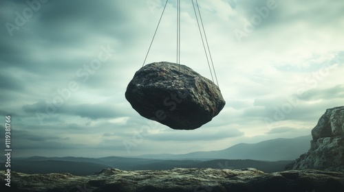 A heavy, dark stone suspended in space with strings, above a serene landscape, representing the burden of silence or unspoken thoughts. photo