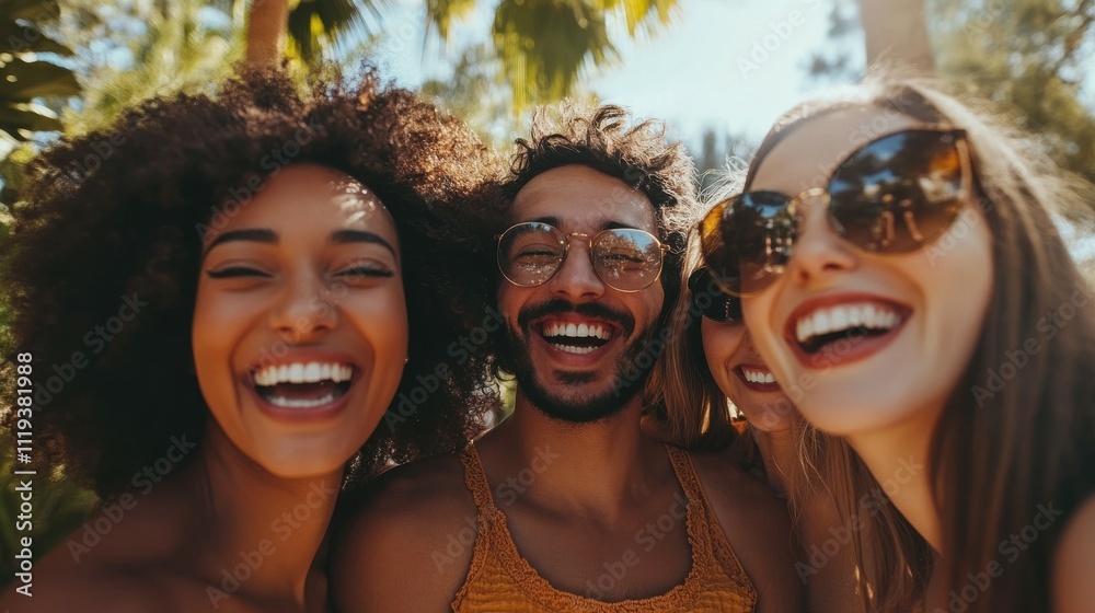 Group of friends laughing while taking a selfie in a sunny park. Group of friends laughing while taking a selfie in a sunny park.