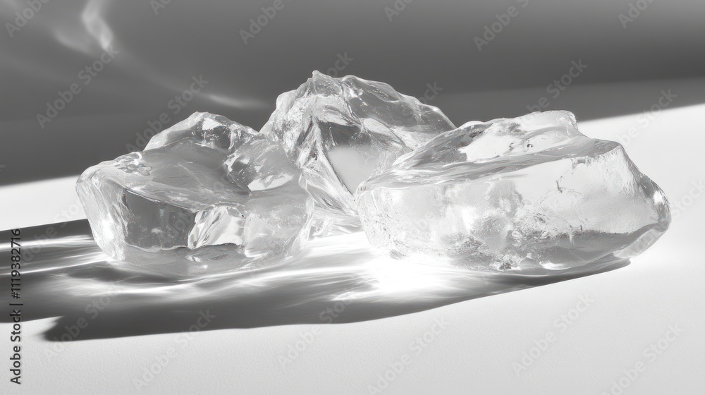 Obraz premium Clear ice cubes on white surface, illuminated by sunlight, casting shadows.