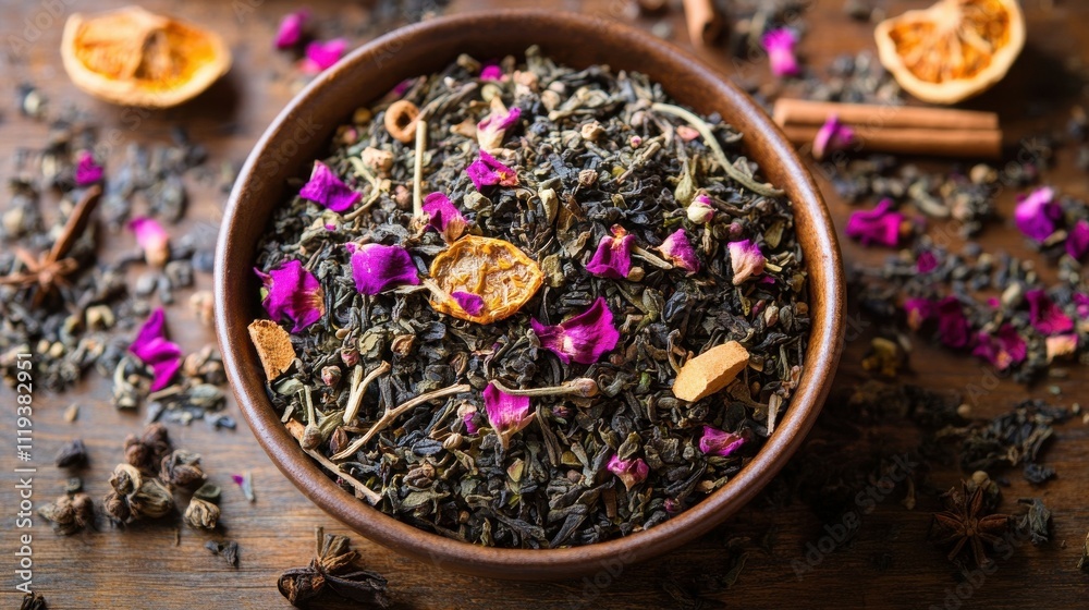 Herbal tea blend displayed with spices and dried flowers on a wooden table. Herbal tea blend displayed with spices and dried flowers on a wooden table.