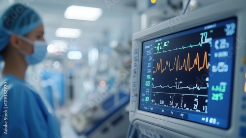 Heart monitor displaying vital signs with medicine in the background.