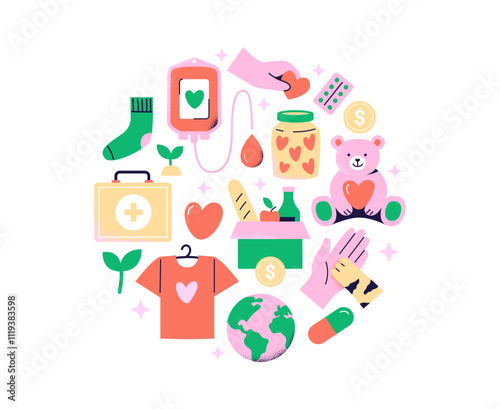 Different types of donations and help in the modern world. Kindness, charity, and volunteering work concept. Vector flat illustration isolated on a white background.