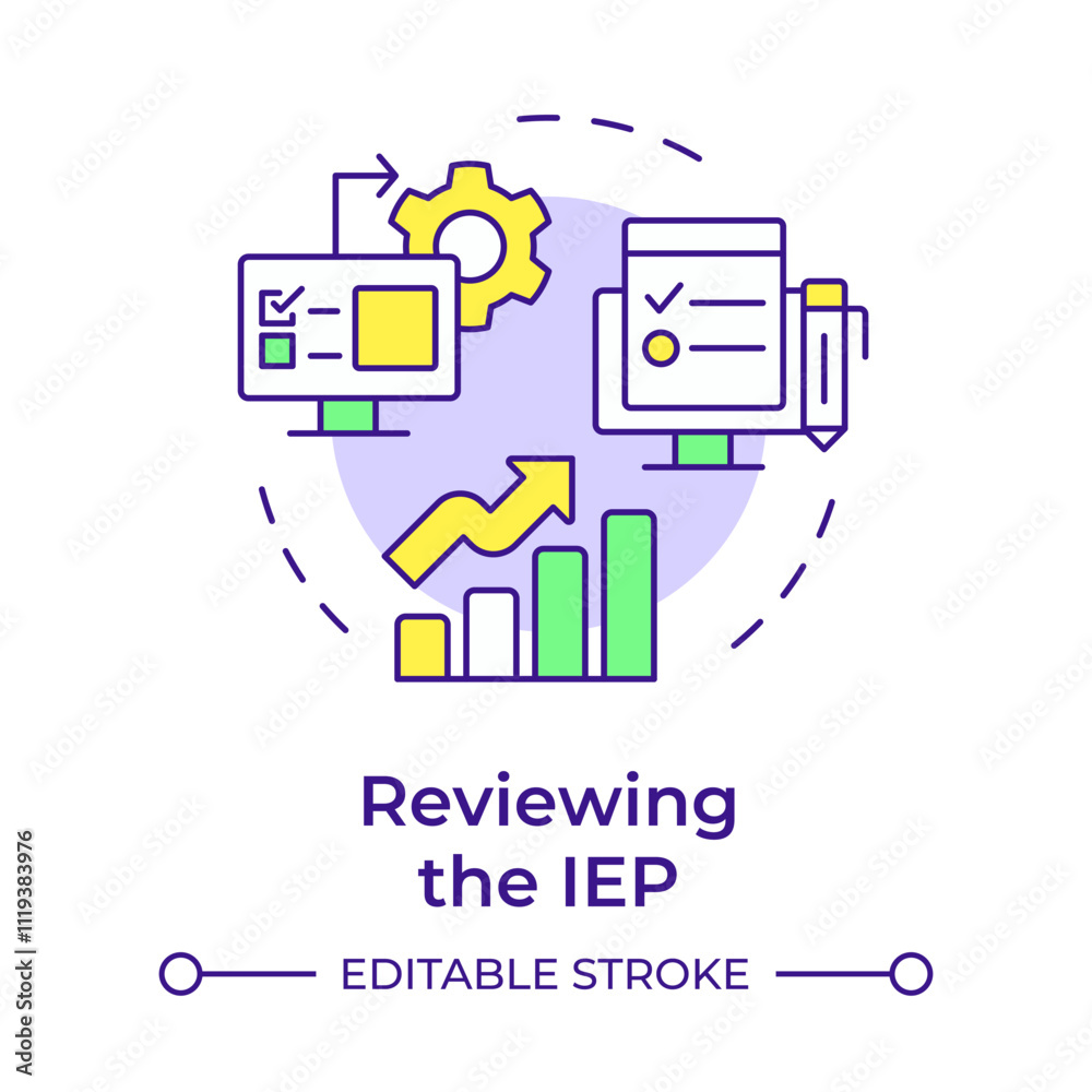 Reviewing IEP multi color concept icon. Regular assessment of learning process. Special education development. Round shape line illustration. Abstract idea. Graphic design. Easy to use in blog post Reviewing IEP multi color concept icon. Regular assessment of learning process. Special education development. Round shape line illustration. Abstract idea. Graphic design. Easy to use in blog post
