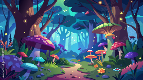 Beautiful and mysterious enchanted forest with mushrooms, fireflies, butterflies and other creatures and plants. Copy space in the middle, outdoor nature background.