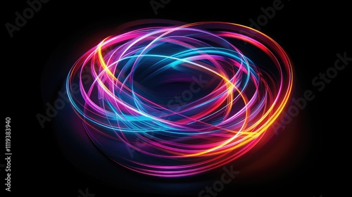 An abstract background with spiraling lines of neon colors on a deep black surface