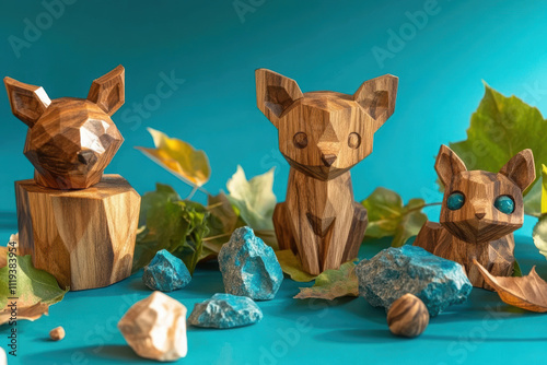 Wooden animal sculptures in geometric shapes surrounded by leaves and stones. vibrant turquoise background enhances artistic display, creating playful and modern atmosphere photo