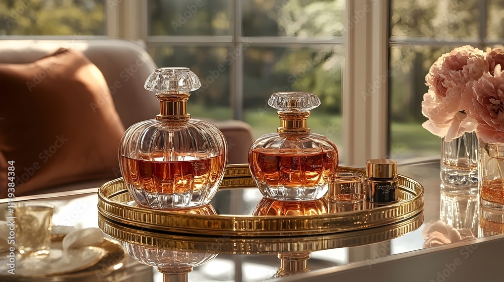 A tray with two perfume bottles on it, one of which is pink A tray with two perfume bottles on it, one of which is pink