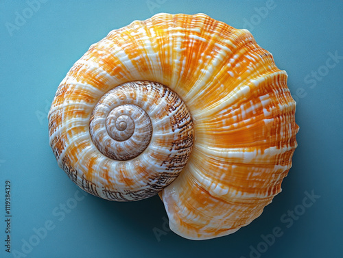 Beautiful spiral sea snail shell with vibrant orange and white patterns on blue background, showcasing nature intricate design and elegance