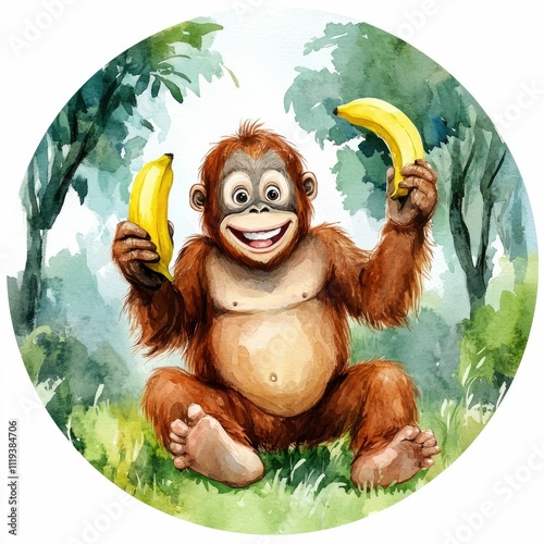 Charming watercolor painting depicting an adorable baby orangutan joyfully holding a ripe banana while surrounded by the lush greenery and foliage of a tropical jungle setting  This vibrant photo