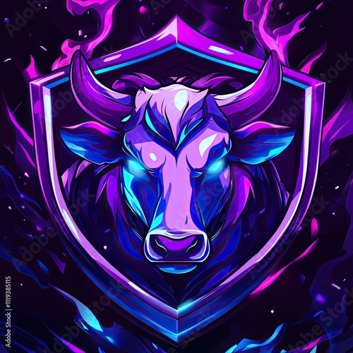 Majestic Neon Bull Emblem: Fierce Digital Art of a Purple Bull in a Glowing Shield photo