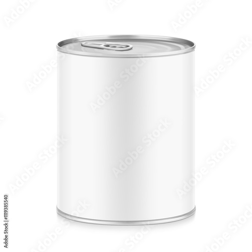 Hight realistic tin can with easy-open lid mockup. Vector illustration isolated on white background. Easy to use for presentation your product, idea, design. EPS10.	