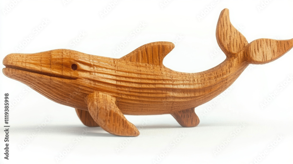 Fototapeta premium Handmade wooden whale figurine, charming marine animal crafted from natural wood, perfect for decor or as gift