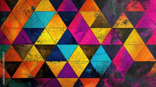  An abstract geometric pattern with interlocking triangles in bright neon shades on a textured background