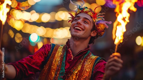 Fiery Juggler: Confident Performer in Lively Parade with Flaming Torches and Colorful Floats