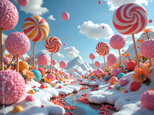 A vibrant sweetscape  explore a colorful candy wonderland with lush landscapes and playful sweets, 3d rendering of fantasy landscape concept. photo