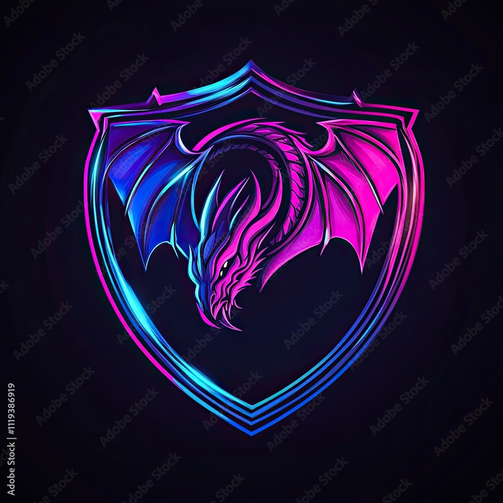 Neon Dragon Emblem: A Fierce Digital Art Design of a Dragon Within a Shielding Crest
