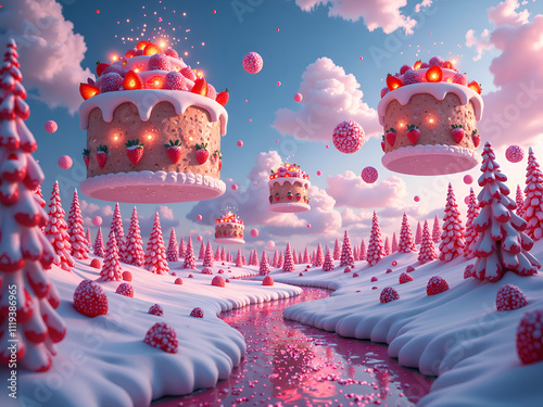 Floating strawberry cakes above a candy laden winter wonderland, digital art of surrealism concept. photo