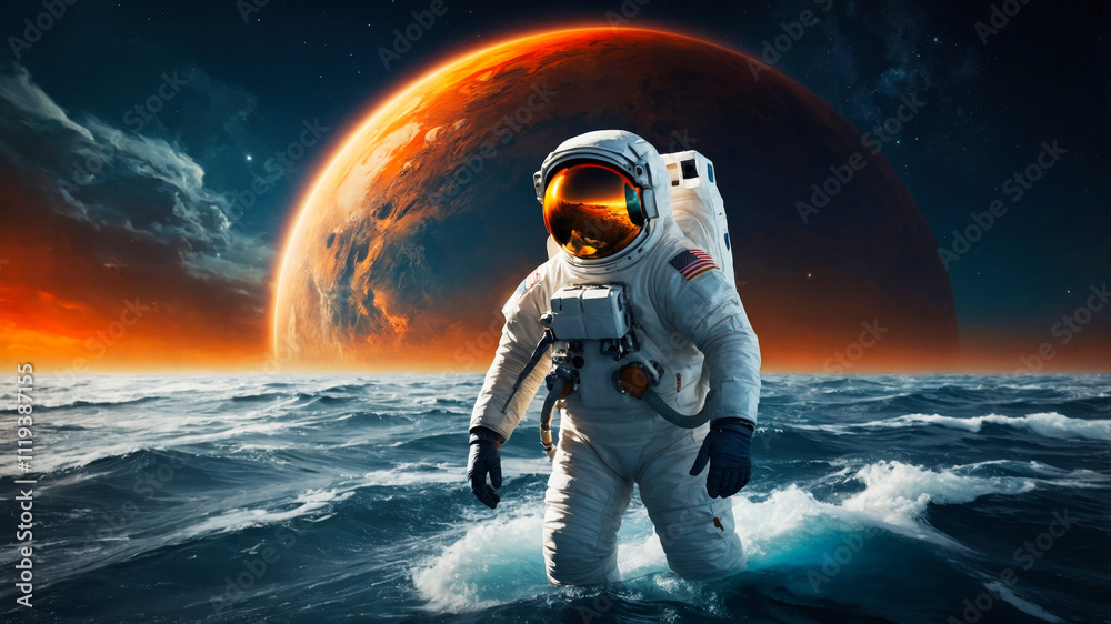 Naklejka premium Surreal composition of an astronaut walking on a turbulent ocean surface, with big celestial bodies above