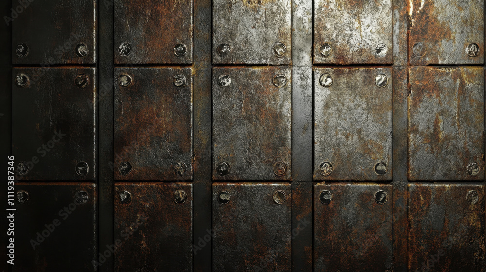 Fototapeta premium Rusty metal texture with weathered panels and bolts, showcasing industrial decay and vintage charm. Perfect for backgrounds or design elements