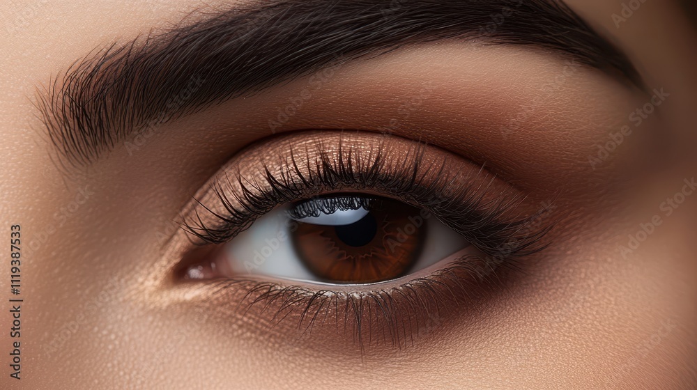 Obraz premium Close-up view of a captivating female eye with bronze eyeshadow and long, dark eyelashes. The image showcases the beauty of the eye's details and the artistry of the makeup.